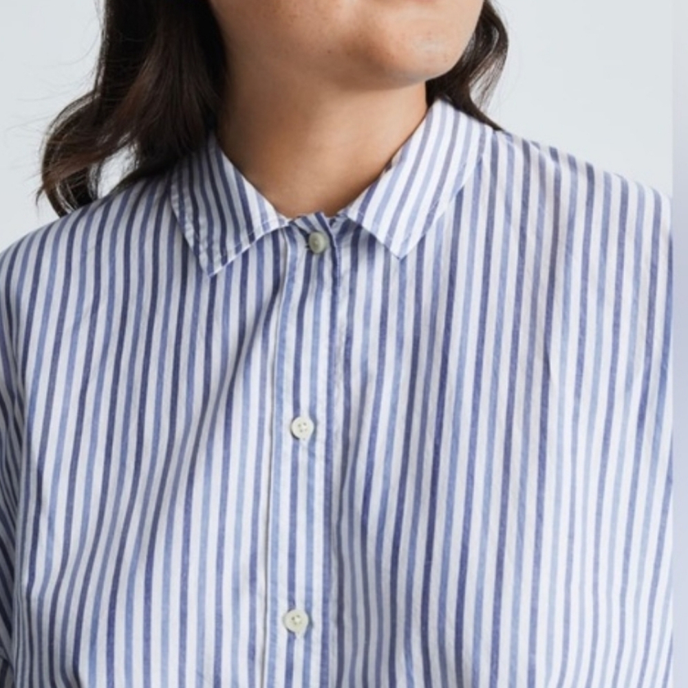 Everlane The Woven Striped Button Down Cropped Cotton PJ Top L NWT - Picture 3 of 8